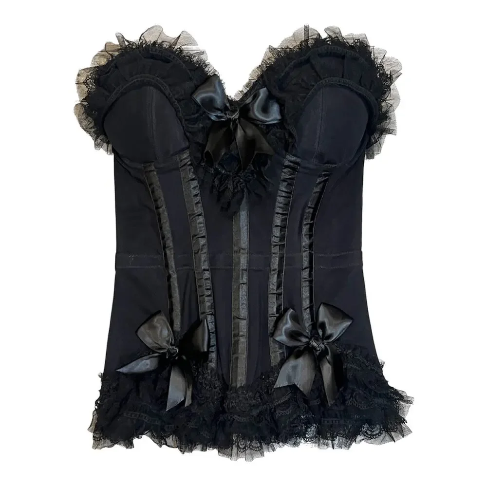 Vintage Trashy Lingerie Black Gothic Bustier Satin Bow Lace Corset Made in USA - Picture 11 of 15